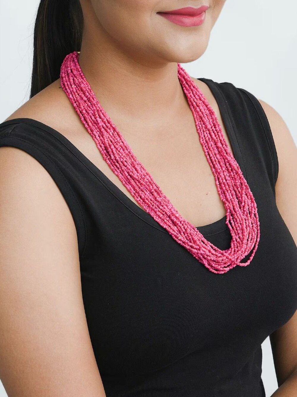 Fuchsia Seed Beaded Multi Layered Necklace 20-22 inches in Goldtone - NEW - Picture 2 of 4